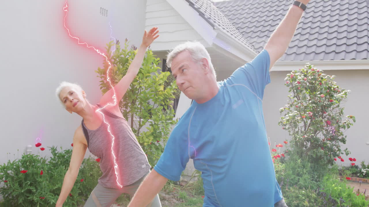Senior couple performing side stretches in garden, showing animated heart icon and fitness chart