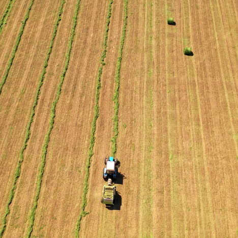 Drone view of agricultural machine working on the field. Tractor collects dried grass for feeding livestock. Motion camera bottom up.