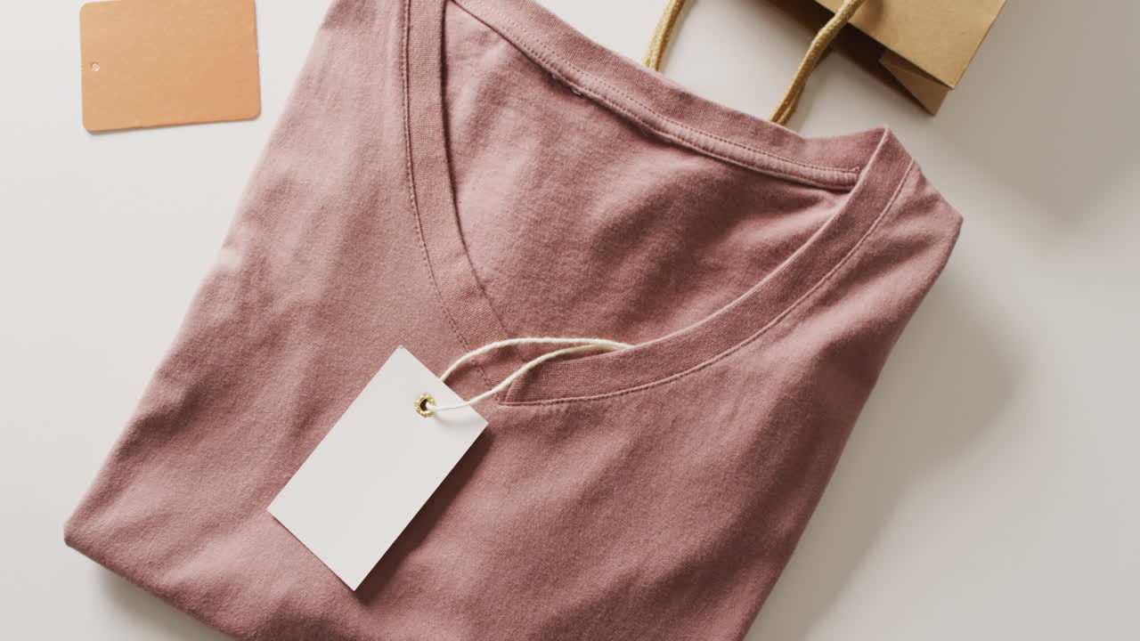 video di un close-up di una maglietta piegata marrone con tag su sfondo bianco