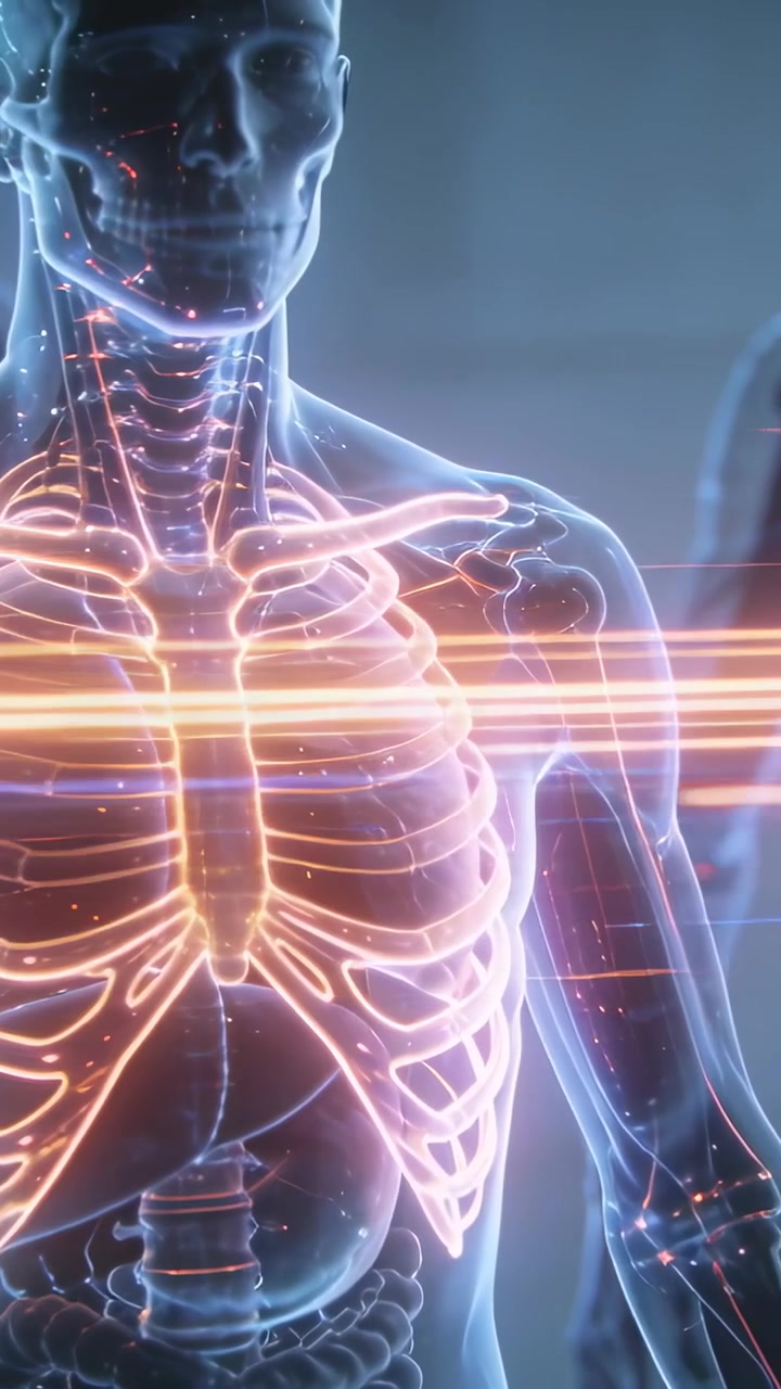 Vertical video: Rotating digital torso revealing ribs for study driven by scanning bands