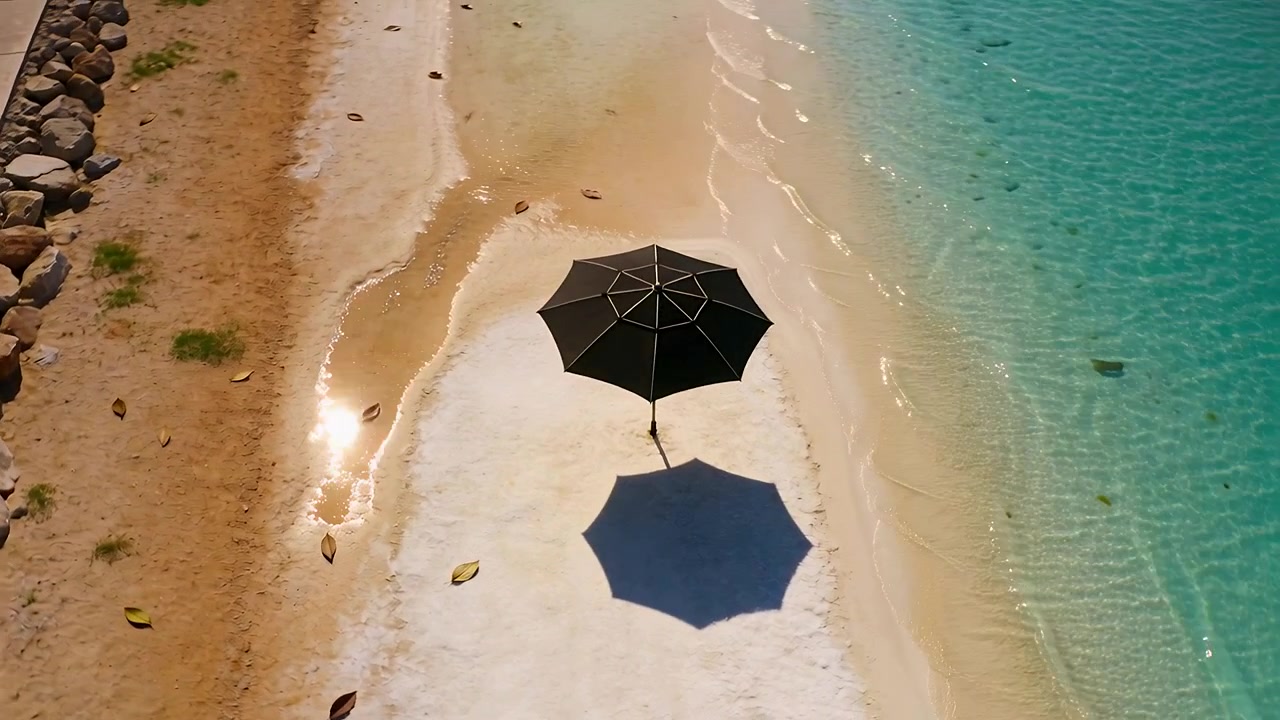 Drone in volo che riprende un ombrellone nero da spiaggia su una stretta striscia di sabbia, rivelando l'ombra dell'ombrellone