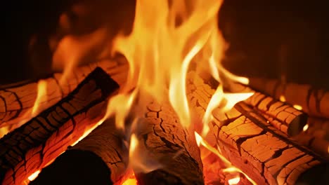 close-up of a cozy fireplace with burning wood