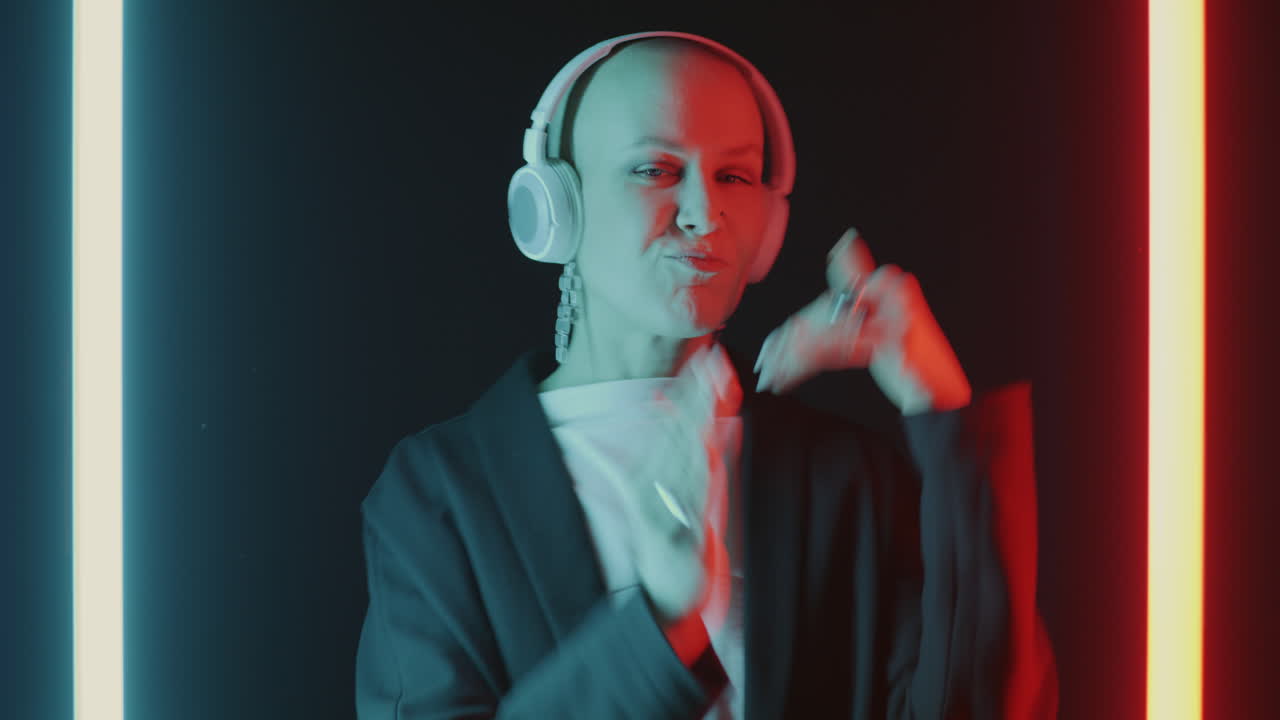 Woman Dancing to Music with Headphones in Neon Lights