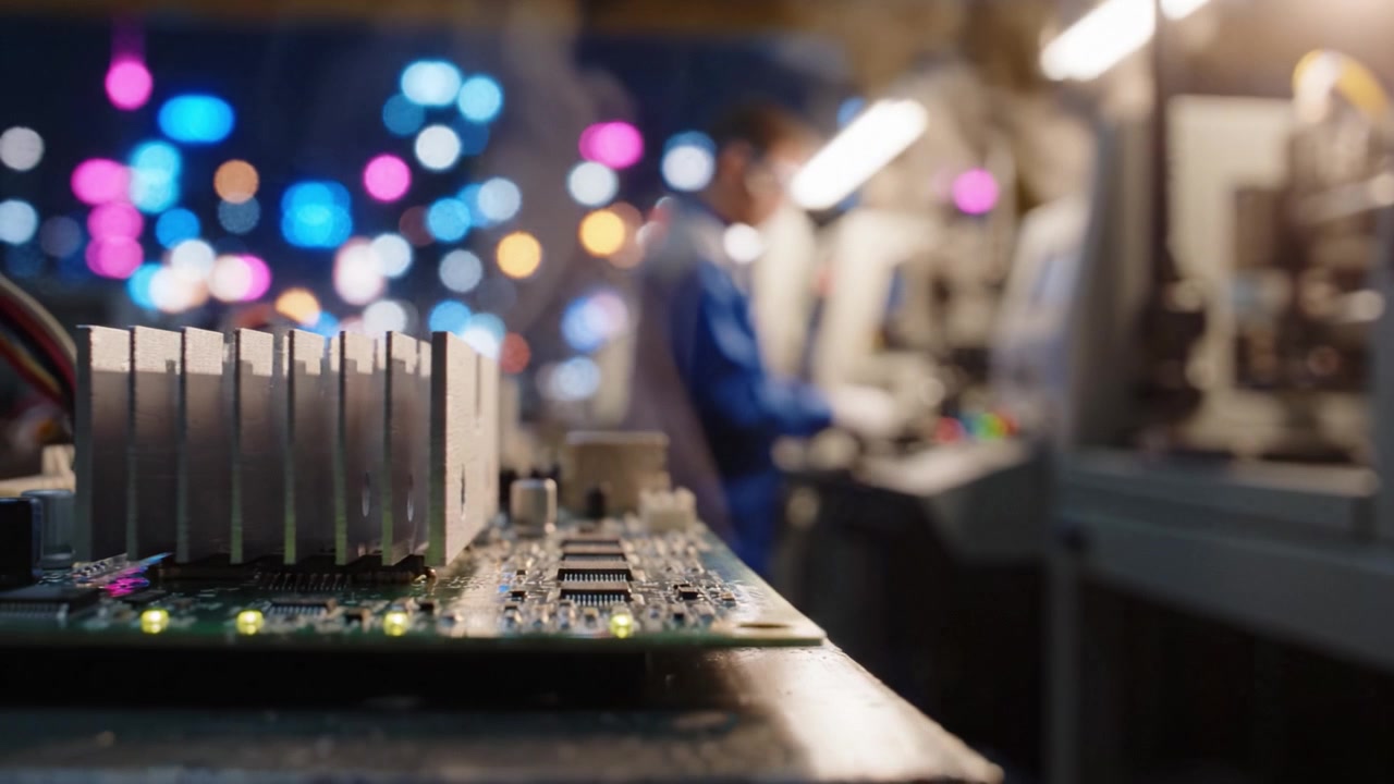 A Glimpse into Electronics: Exploring Circuit Boards and Manufacturing Processes in a Dynamic Factory Environment with a Colorful Bokeh Background