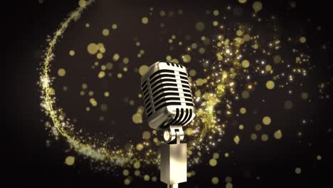 animation of microphone over yellow spots and shooting star against grey background with copy space