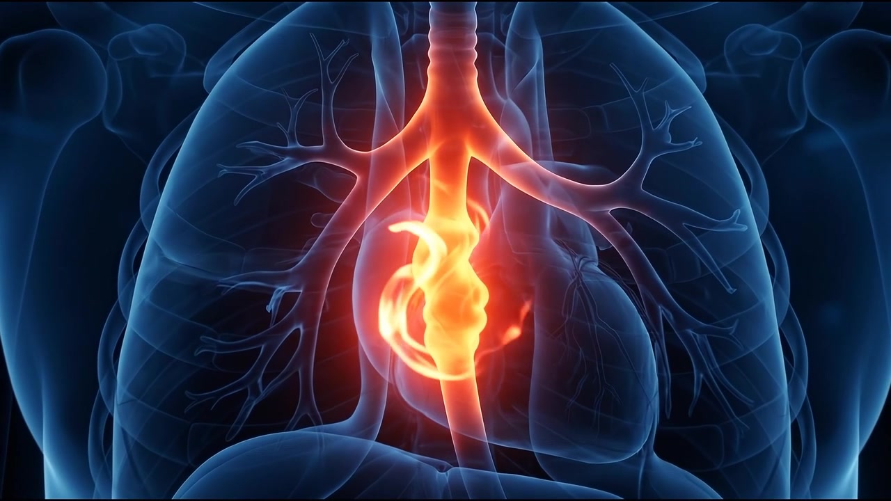 Animazione medica del sistema respiratorio umano con trachea luminosa