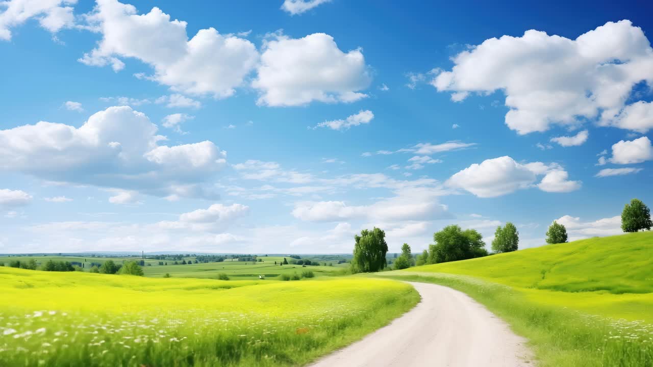 Wide-angle shot of a serene countryside path under a bright blue sky with fluffy clouds, perfect