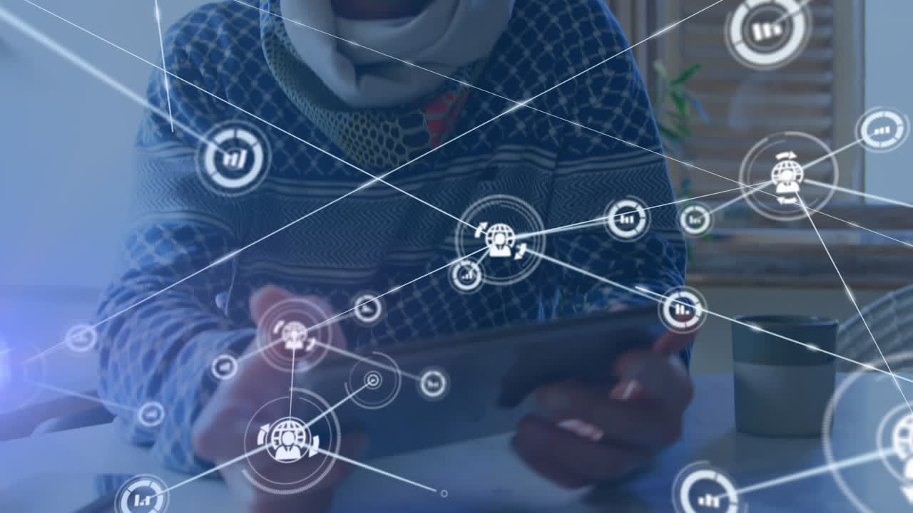 Digital composite video of network of connections against caucasian man using digital tablet