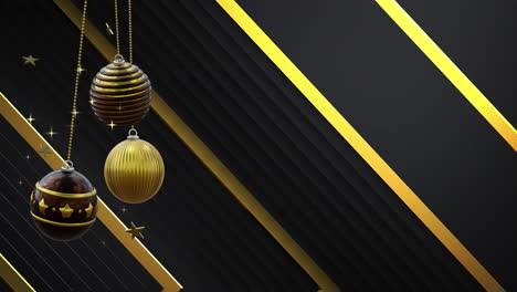 swinging black and gold christmas baubles and stars over gold diagonal lines on black background