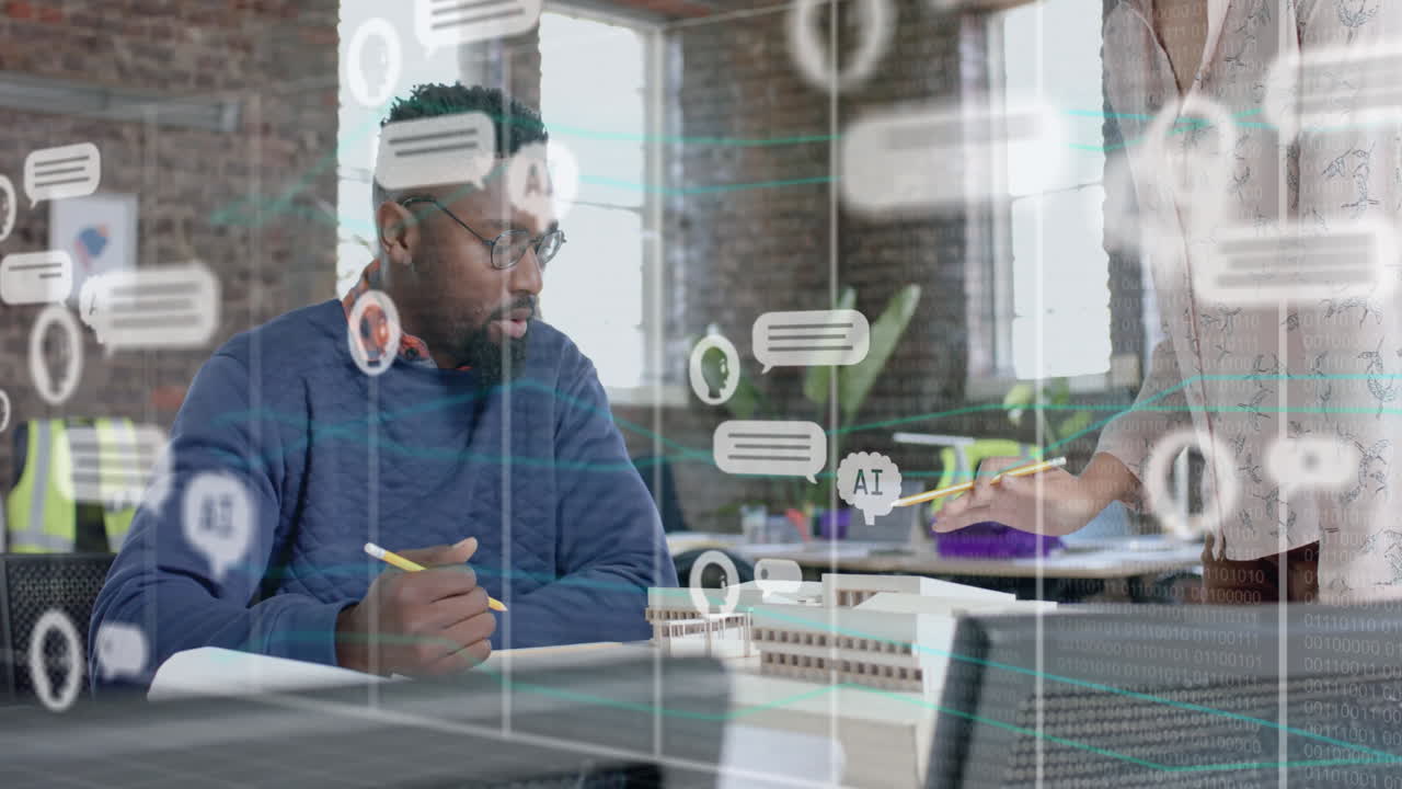 Animation of ai data processing over diverse business people in office