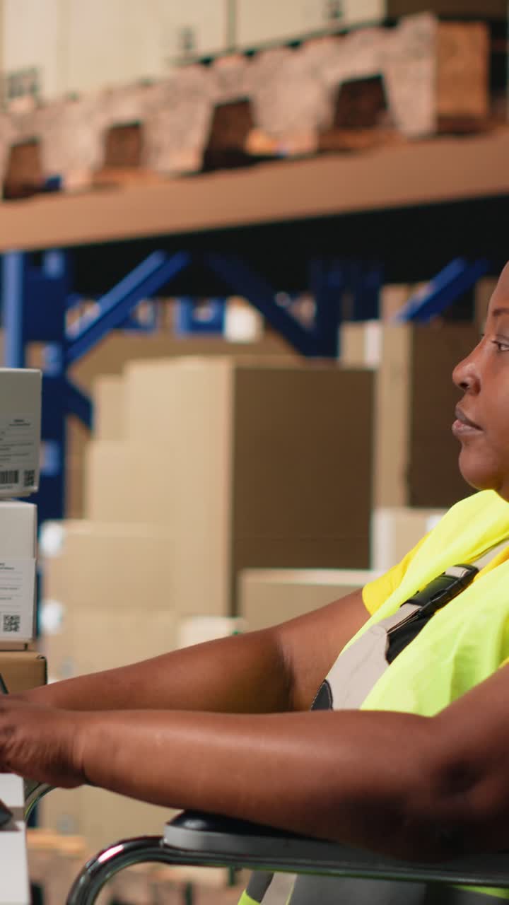 Vertical Video African american wheelchair user in safety vest processing cargo orders on pc