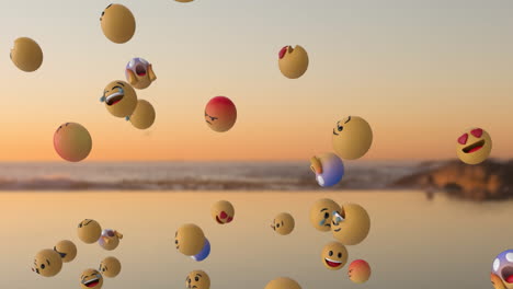 cluster of floating 3d emoji spheres dancing above calm ocean at sunset in surreal digital render