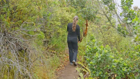 female tourist walks through bushes along path to guimar valley, tenerife