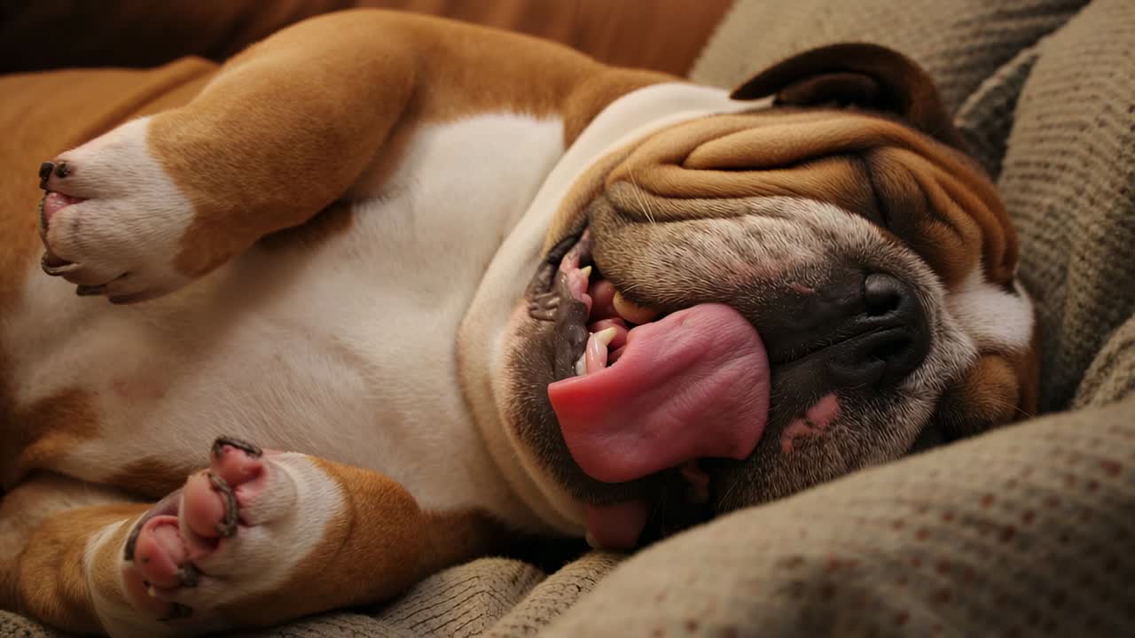 Reclining English bulldog protruding, retracting tongue while dozing on home sofa, showing paw pads