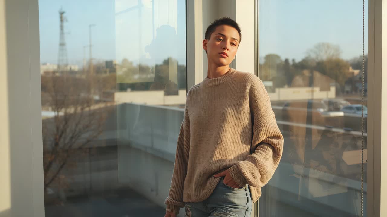 Sich vorbeugende Frau, die den Blick abwendet, während das Sonnenlicht durch die raumhohen Glasscheiben auf den Boden fällt; sie trägt einen hellbraunen Pullover und Jeans.