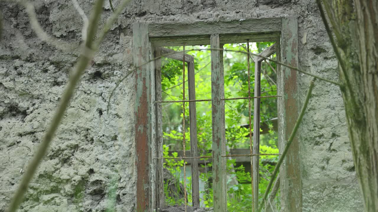 숲 속의 오래되고 버려진 파괴된 오두막의 창문 카메라가 천천히 아래로 움직인다