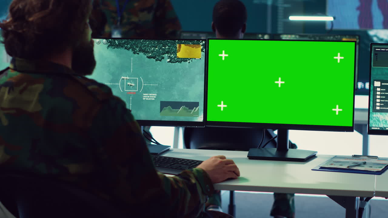 equipo de especialistas militares que trabajan con una pantalla verde en una gran pantalla