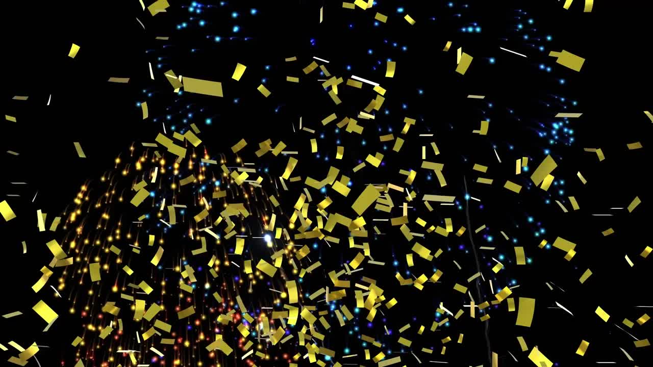 Animation of confetti falling over multi coloured fireworks exploding