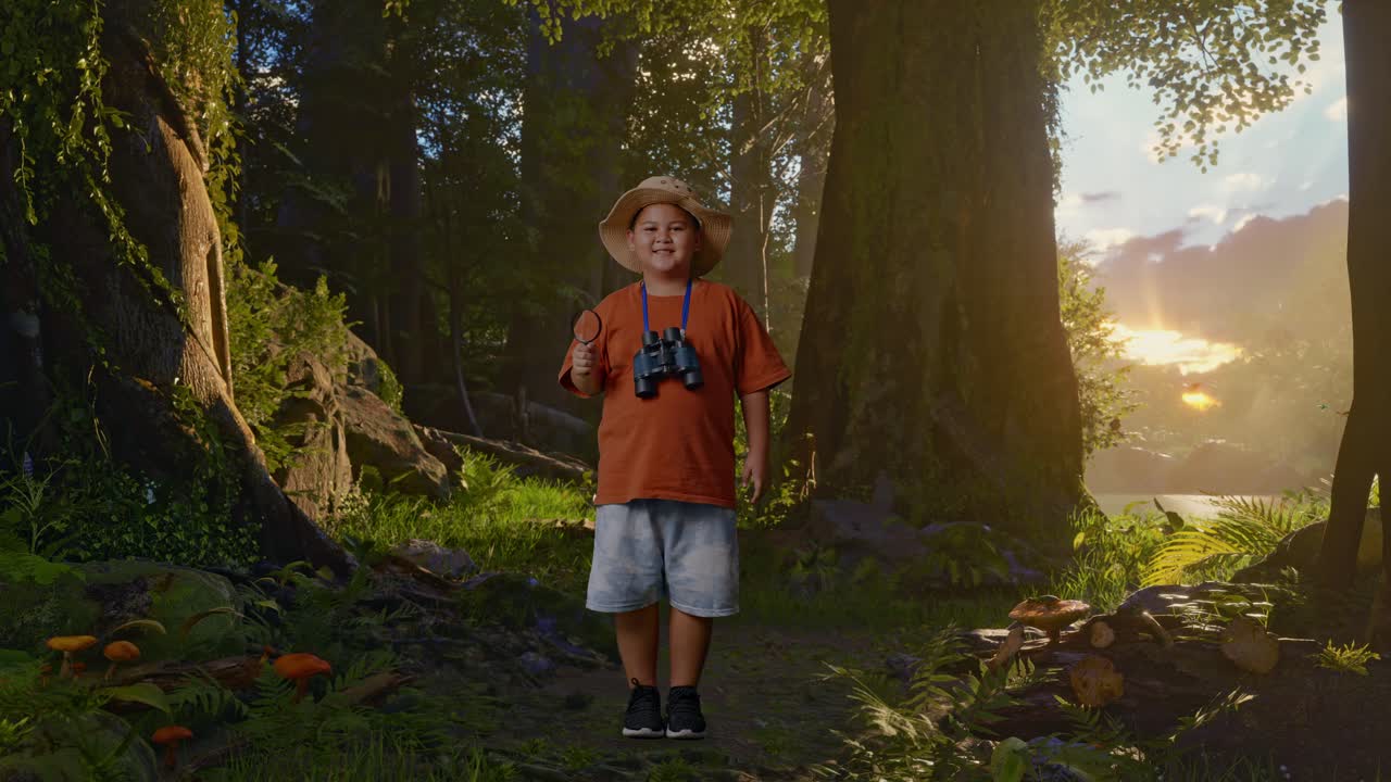 Asian Boy With A Hat And Binoculars Looking Through The Magnifying Glass Examines Something While Exploring Forest Nature. Boy Researcher, Travel Tourism Adventure Concept, Full Body