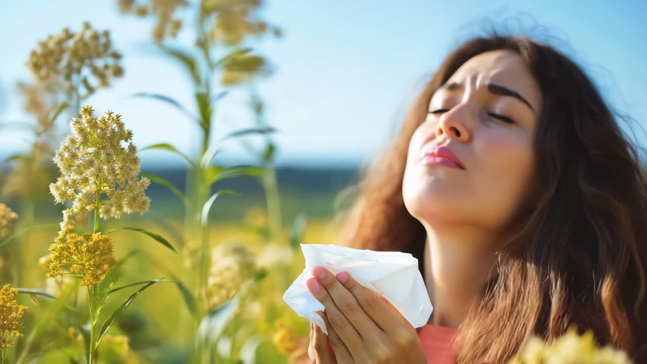 Young woman is suffering from seasonal allergies and blowing her nose with a tissue in a field of yellow flowers, likely goldenrod, on a sunny day