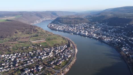 german towns and villages along river rhine valley, aerial top view