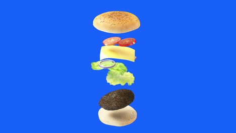 gran hamburguesa sabrosa con ingredientes giratorios voladores en bucle renderizado en 3d