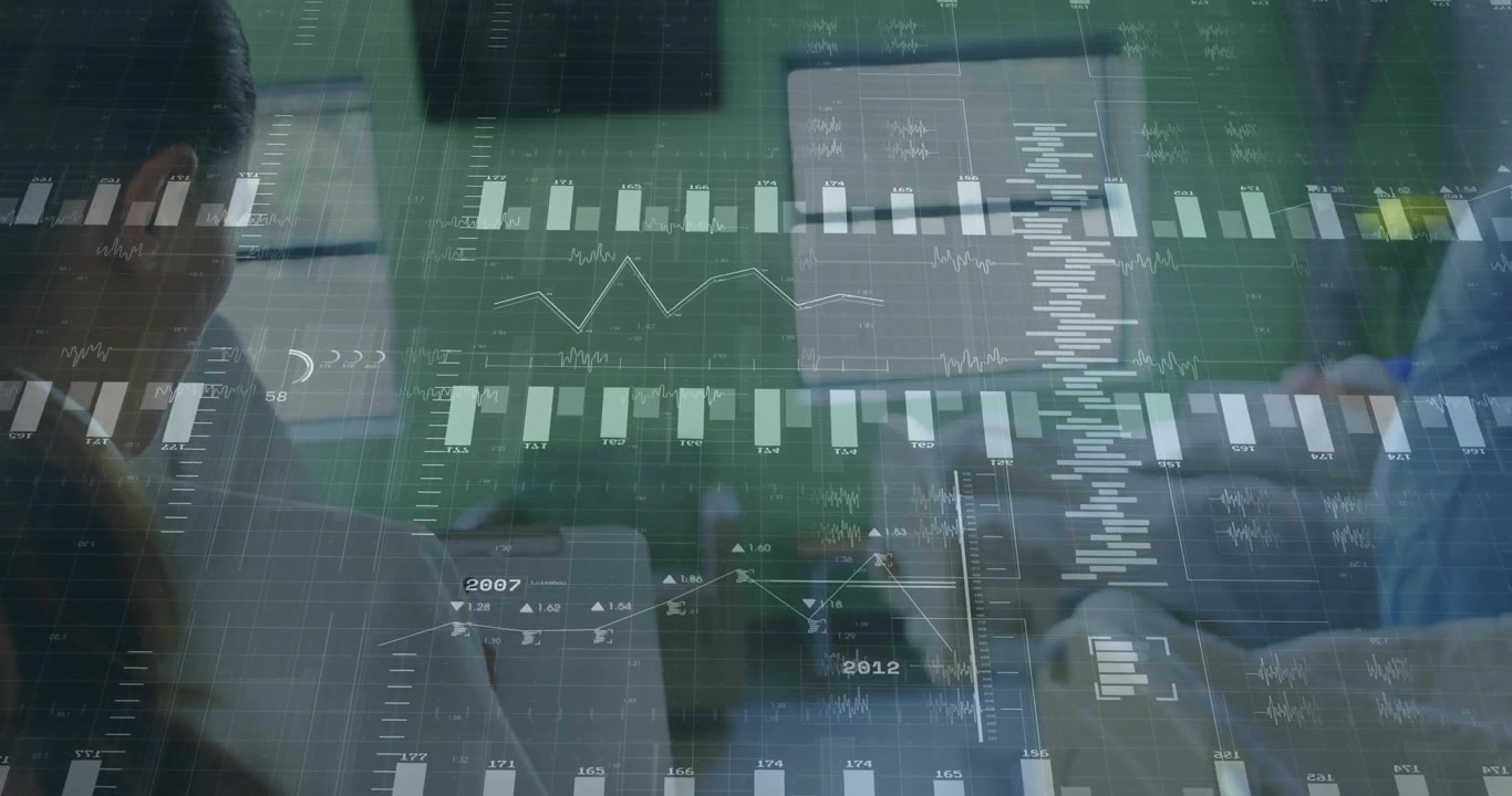Doctor Reviewing Patient Data in Hospital Room with Digital Analytics Overlay
