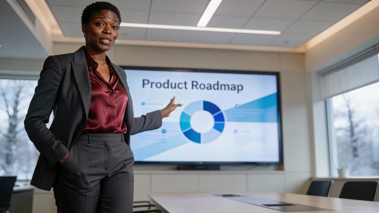 Walking in, presenter in charcoal suit approaching meeting table, presenting Product Roadmap donut
