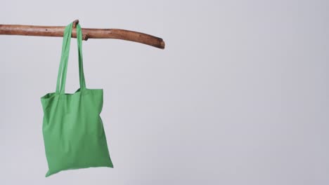 video of green canvas bags hanging from branch with copy space on white background