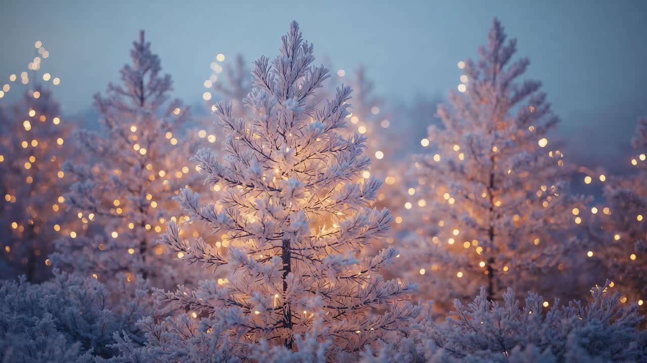 Kameraet fokuserer på et frostklædt grantræ i en sneklædt lund, hvor lyskæder blinker og afslører sne
