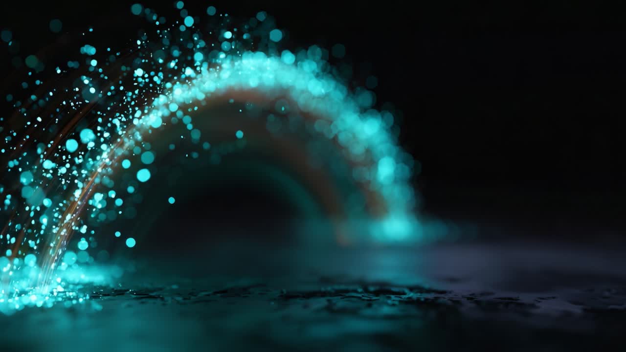 Representasi Digital Menakjubkan dari Pelangi Berwarna-warni yang Bersinar dengan Partikel Biru dan Aqua yang Cemerlang di Latar Belakang Gelap dan Misterius