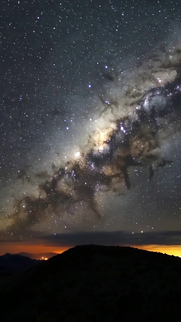 Vertikal video: Time-lapse, der viser Mælkevejens kerne bevæge sig over en mørk bjergkam med en glødende horisont.