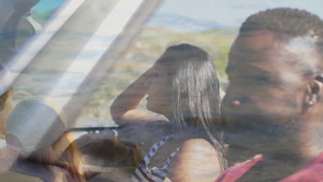animation of road trip with young people and scenic landscape in background