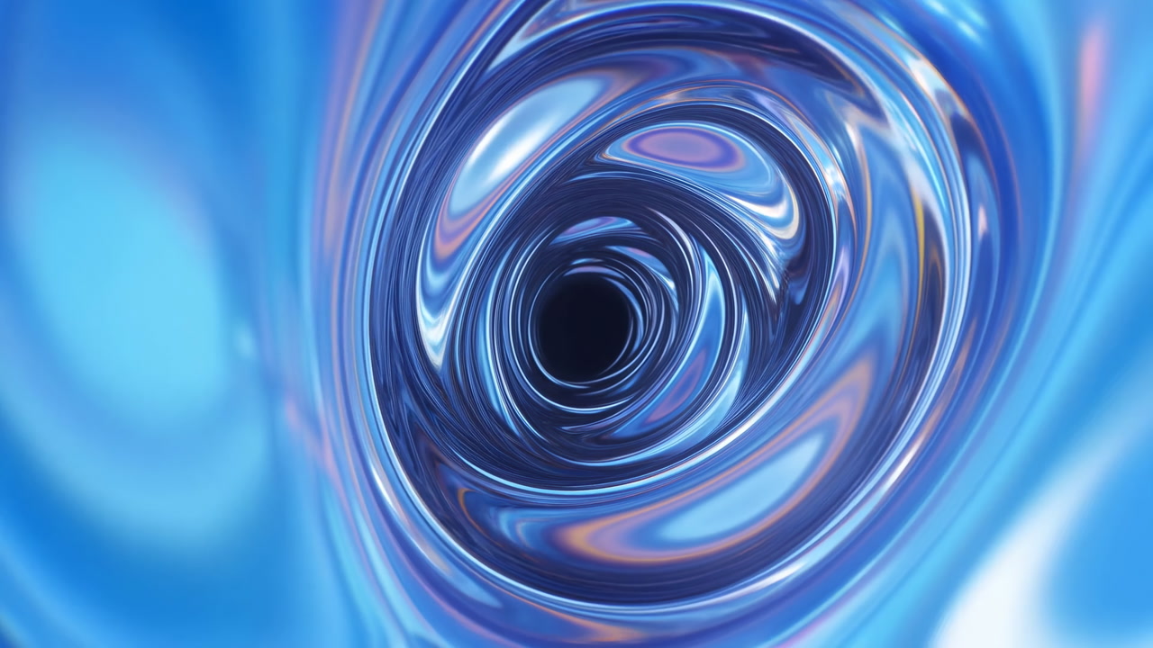 Glossy Blue Liquid Vortex Tunnel Swirling, Hypnotic Metallic Spiral Pulling Into Dark Core, Chrome Reflections