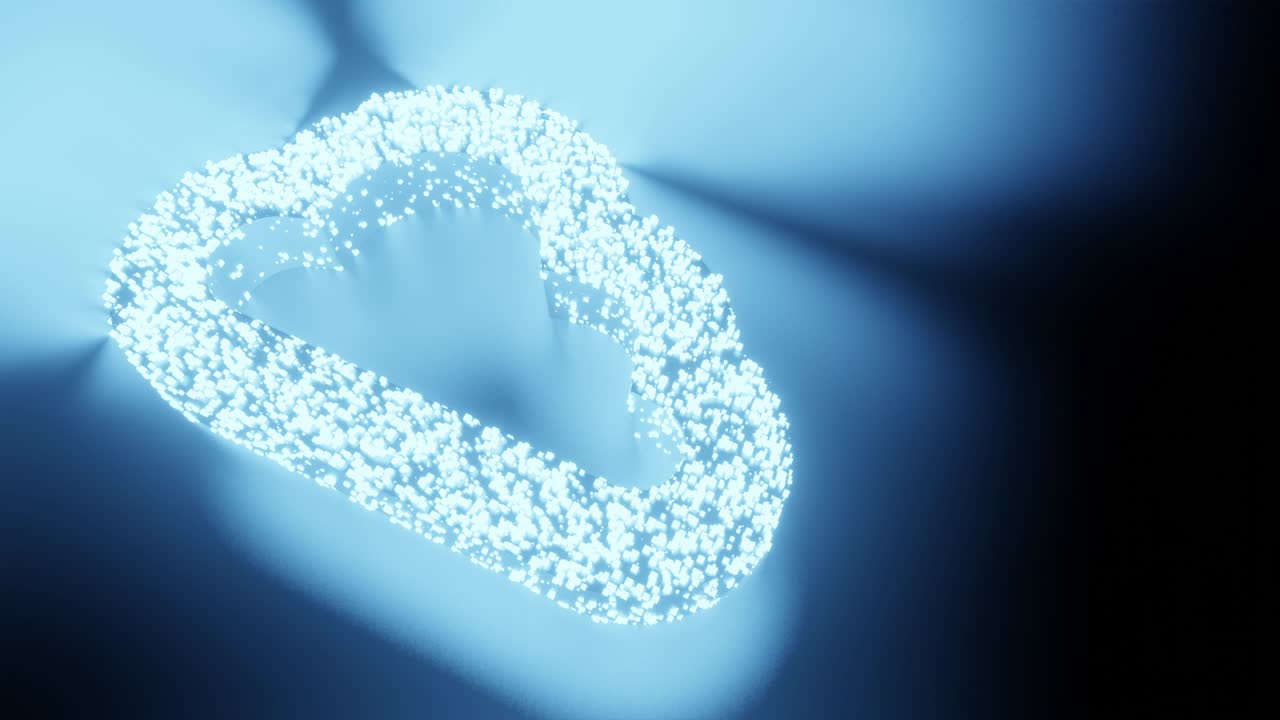 구름 표지판과 기호 빛나는 미래 입자 3d 렌더링 큐브 다각형 패턴, 데이터 네트워크 기술, 검은 바탕에 개념 디자인, 복사 공간과 함께 4k 애니메이션