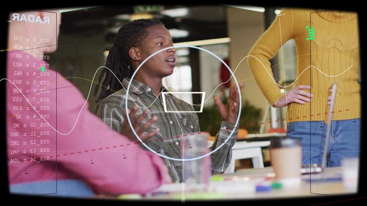 Lead speaker turning toward colleague and presenting business idea, HUD waveforms syncing gestures