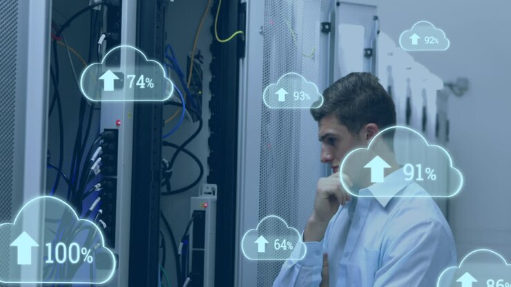 Animation of clouds with increasing numbers over smiling caucasian man standing at servers