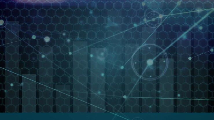 Digital animation of network of connections over statistical data processing against blue background
