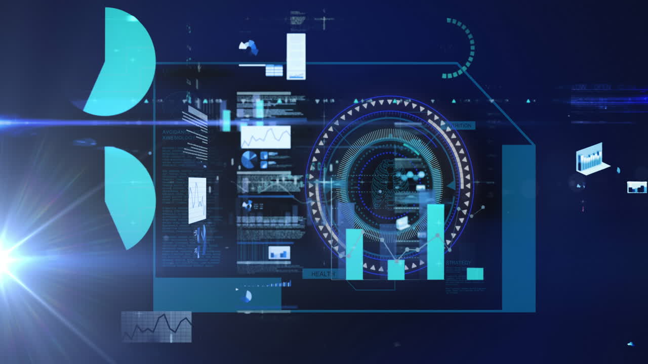 Animation of scope scanning and data processing over screen on blue background