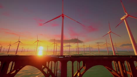 3d render of generic electric car drives on a highway with wind turbines in the background at sunset. realistic 3d animation