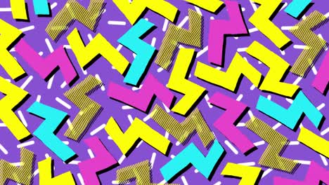 Animation-of-pink,-blue,-yellow-and-brown-lightning-bolts-on-purple-and-white-background