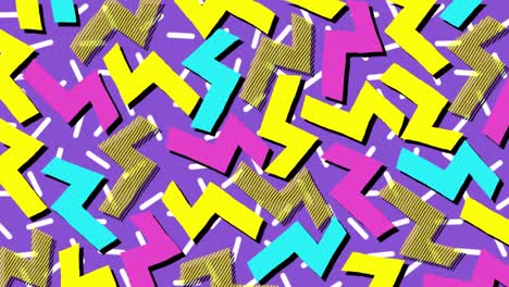 animation of pink, blue, yellow and brown lightning bolts on purple and white background