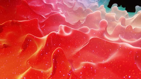 smooth abstract animation of liquid gradient red color in 4k. bright matte paint surface as abstract looped festive background. glitters on viscous liquid with 3d splashes on surface like drops.