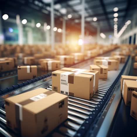a dynamic video still of a conveyor belt with packages in a warehouse