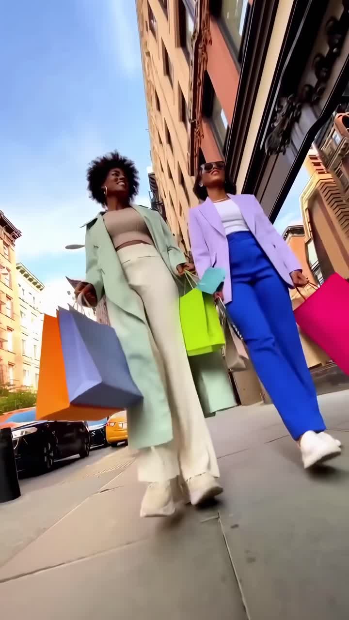 Video da angolazione bassa di due donne alla moda che camminano con borse della spesa in una strada cittadina