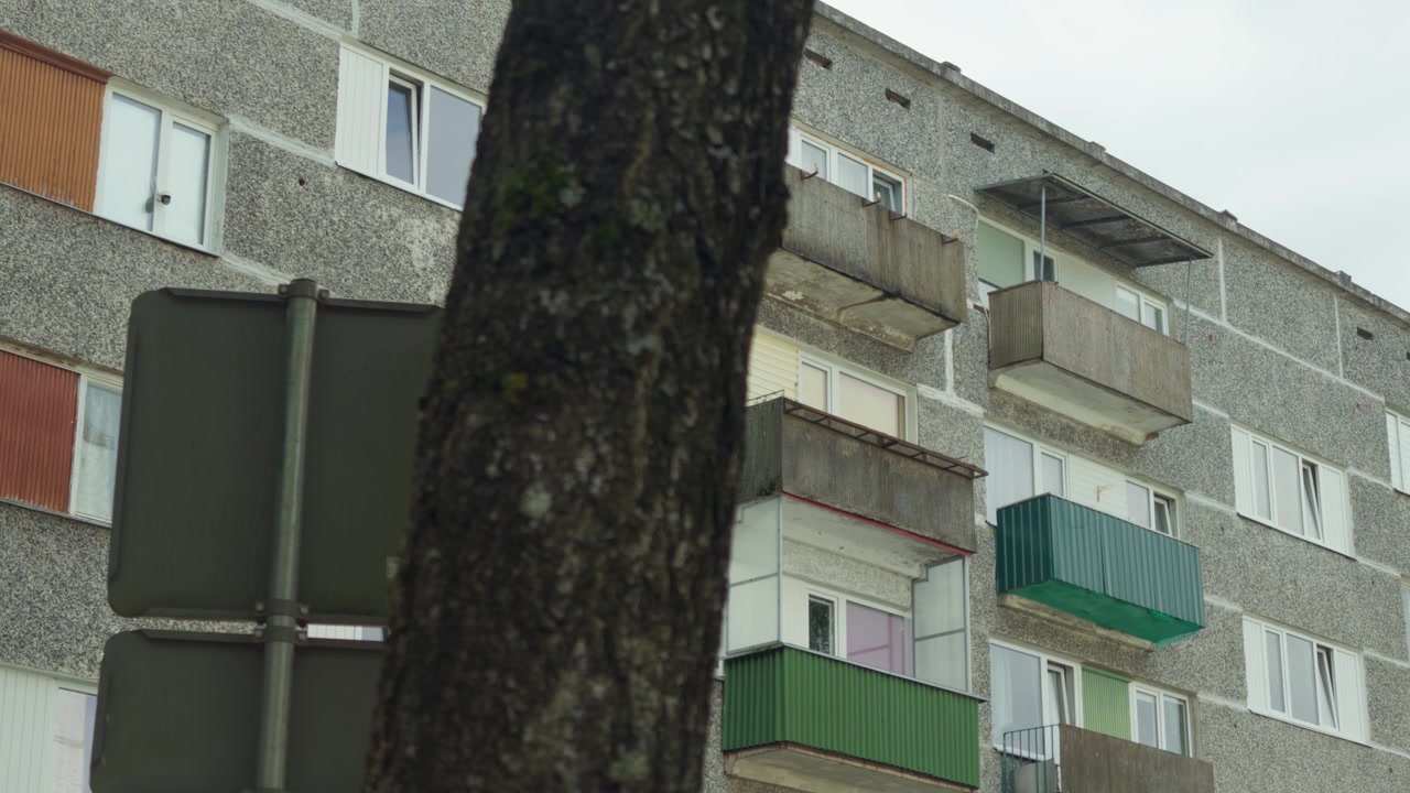 Vista cercana enfocada en un tronco de árbol con corteza rugosa, con balcones de apartamentos residenciales de estilo soviético difuminados al fondo en la ciudad de Daugavpils, Letonia, toma exterior a mano.