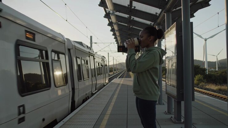 Waiting as silver train approaching, woman in green hoodie sipping paper cup on platform