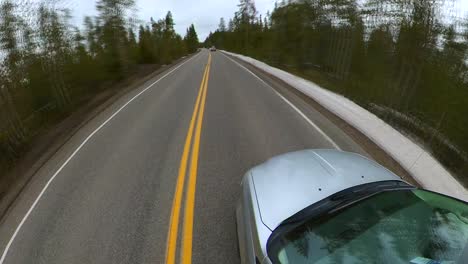 360 cam hyperlapse driving on a long pine covered and snow covered and wooded road possibly through yellowstone national park