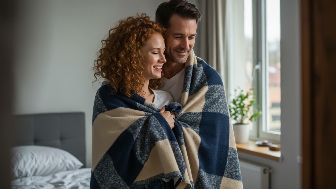 Coppia felice avvolta in una coperta accogliente a casa