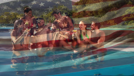 group of friends in a pool and the american flag for fourth of july